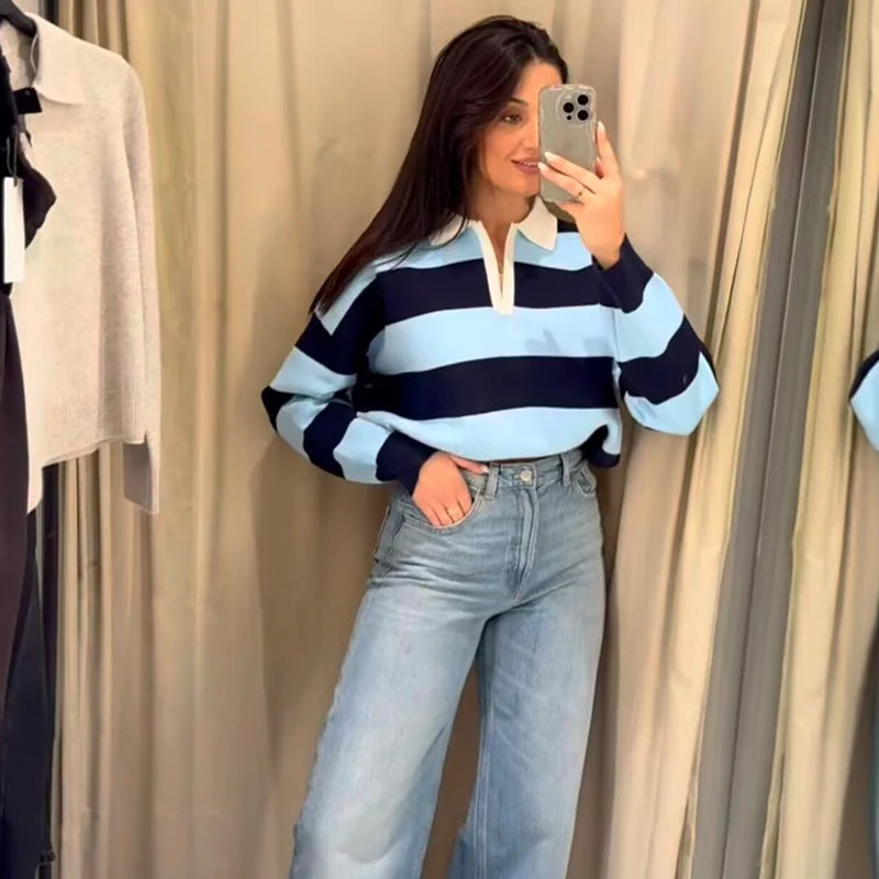 Women's 2026 New Knitted Striped Sweater Polo neck Pullover Spring Fashion Loose Elegant Warm Young Women Sweater Street Blouses