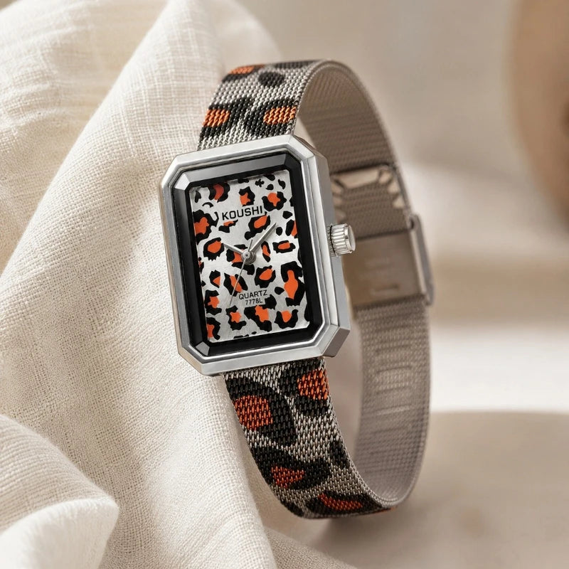 Vintage Leopard Print Square Women Quartz Watch Luxury Steel Mesh Band Ladies Wristwatch Fashion Jewelry Gift for Women Girls