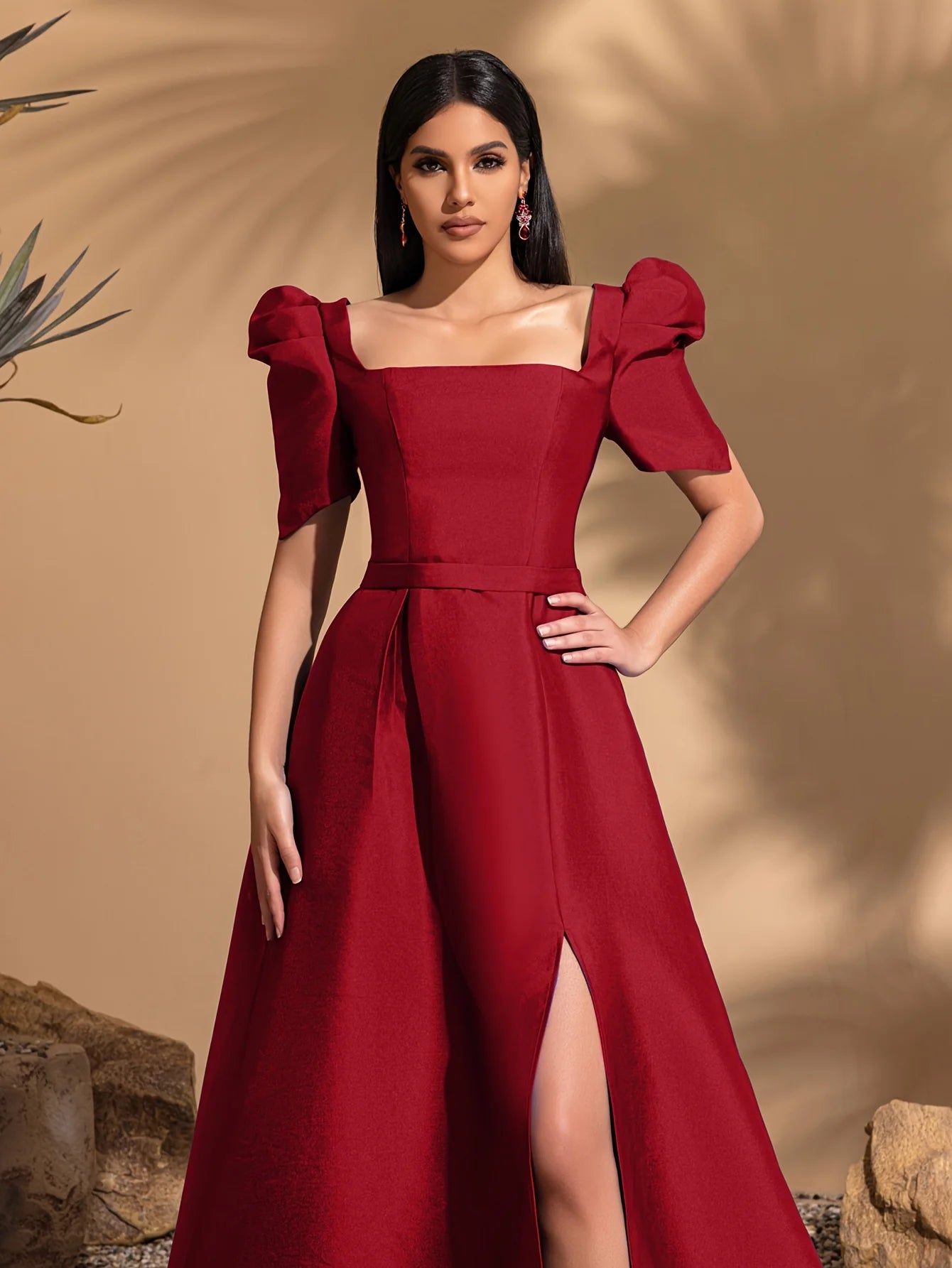 Square neck princess sleeve satin slit gown, pleated lace trim party dress