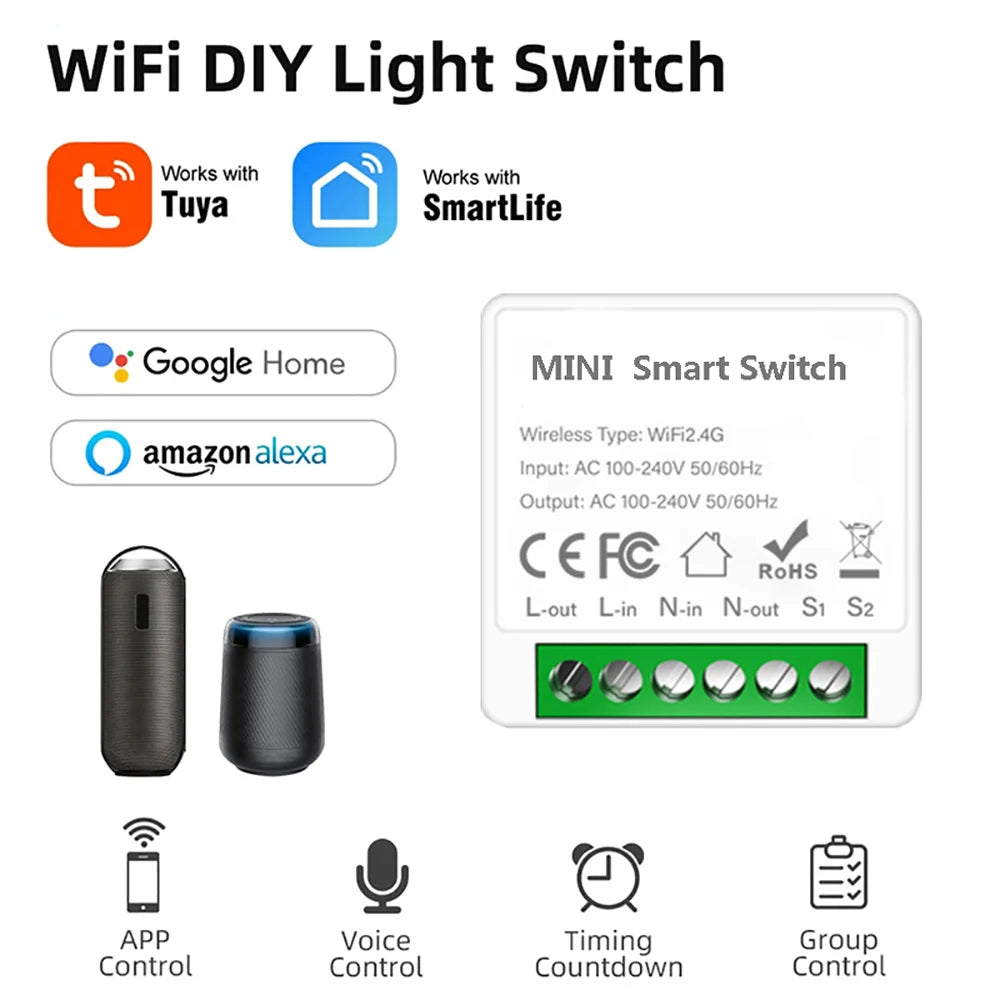 WiFi Mini Breaker DIY Smart Home Switch 2 Way Control Smart Switch Module Work With Alexa Google Home Alice