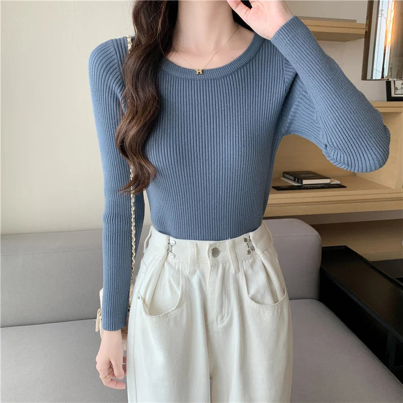 Autumn Winter 2026 Chic Casual Basic Women Sweater O-neck Solid Knit Slim Pullovers Female Long Sleeve Warm Versatile Sweater