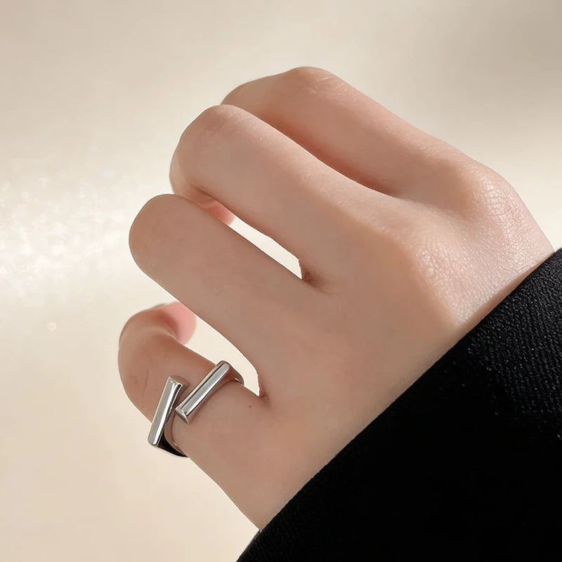 Silver Color Double Layer Geometric Ring Female Charm Fashion Simple Opening Light Luxury Handmade Jewelry Gift