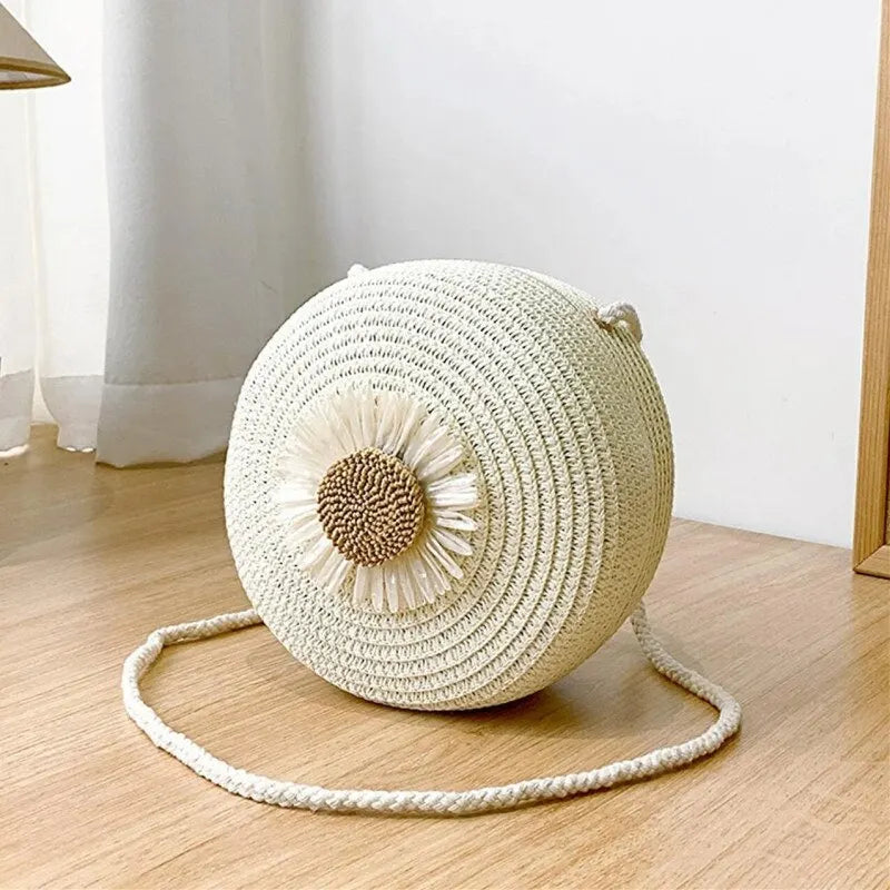Flower Graphic Circle Straw Bag, Vintage Shoulder Beach Bag, Women's Crossbody Purse Mini Floral Decor Straw Crossbody Bag