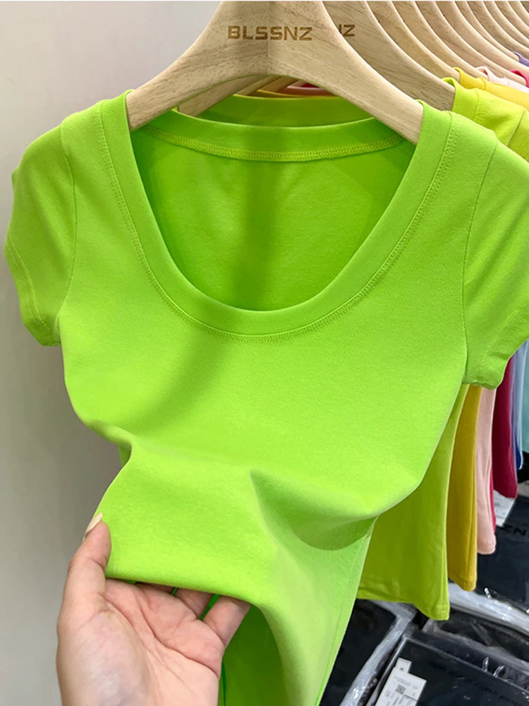 2026 Sexy Square Collar Slim T Shirt Women Cotton Elastic Basic Solid Female Casual Tops Short Sleeve Thin T-shirts See Through