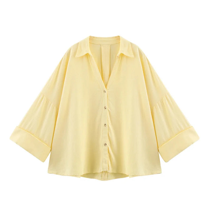 Women's Casual Loose Shirt for Spring/Summer 2025 Collar Button Design Wide Sleeves Minimalist Holiday Style