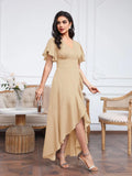 Women's Formal Evening Dresses Tulle Short Sleeve Cross V-Neck Ruffles Prom Dresses Asymmetric High-Low A-Line Split Party Gowns