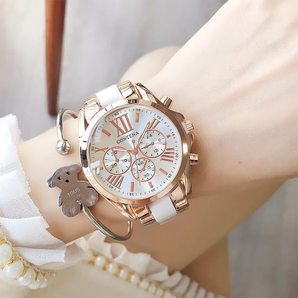 Contena Brand Luxury Women's Watch Fashion Rhinestones Stainless Steel Quartz Watch Simple Elegant Ladies Watch Reloj Mujer