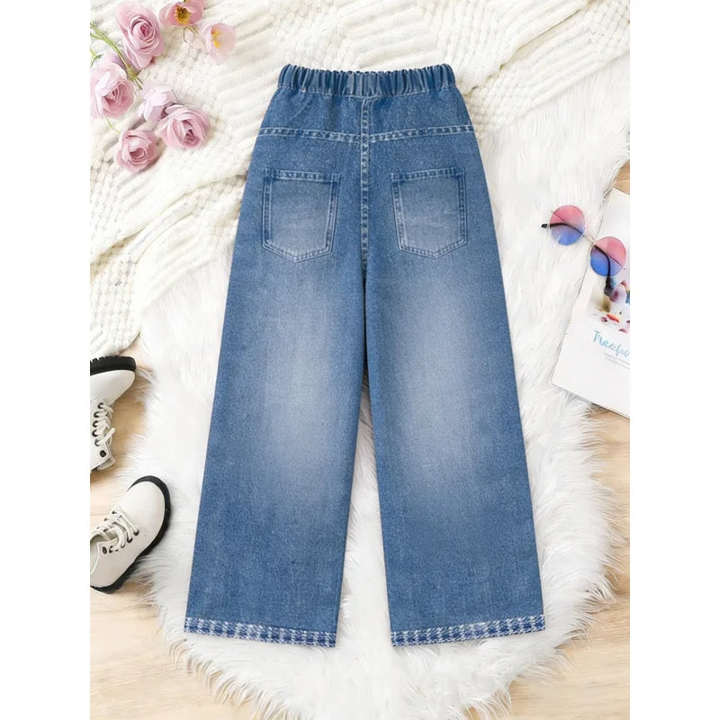 2026Children's Butterfly Embroidered Dark Blue Imitation Denim Straight Pants