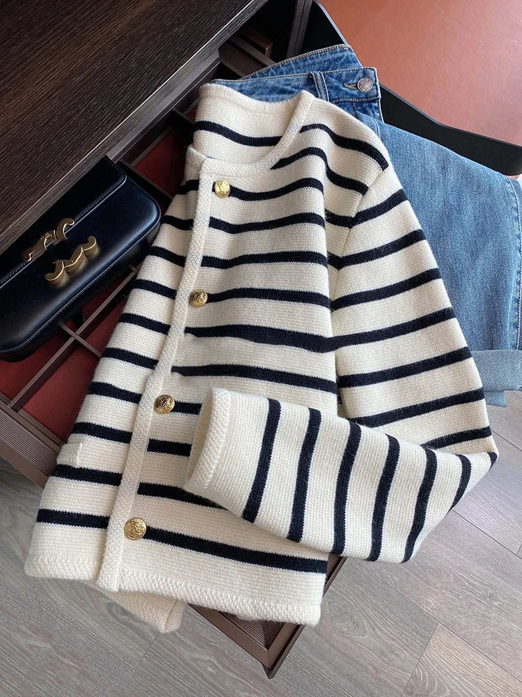 AOSSVIAO New 2026 Women Spring Autumn Sweaters O-neck Stripe Knitted Cardigan Fashion Long Sleeve Casual Short Tops Korean Style