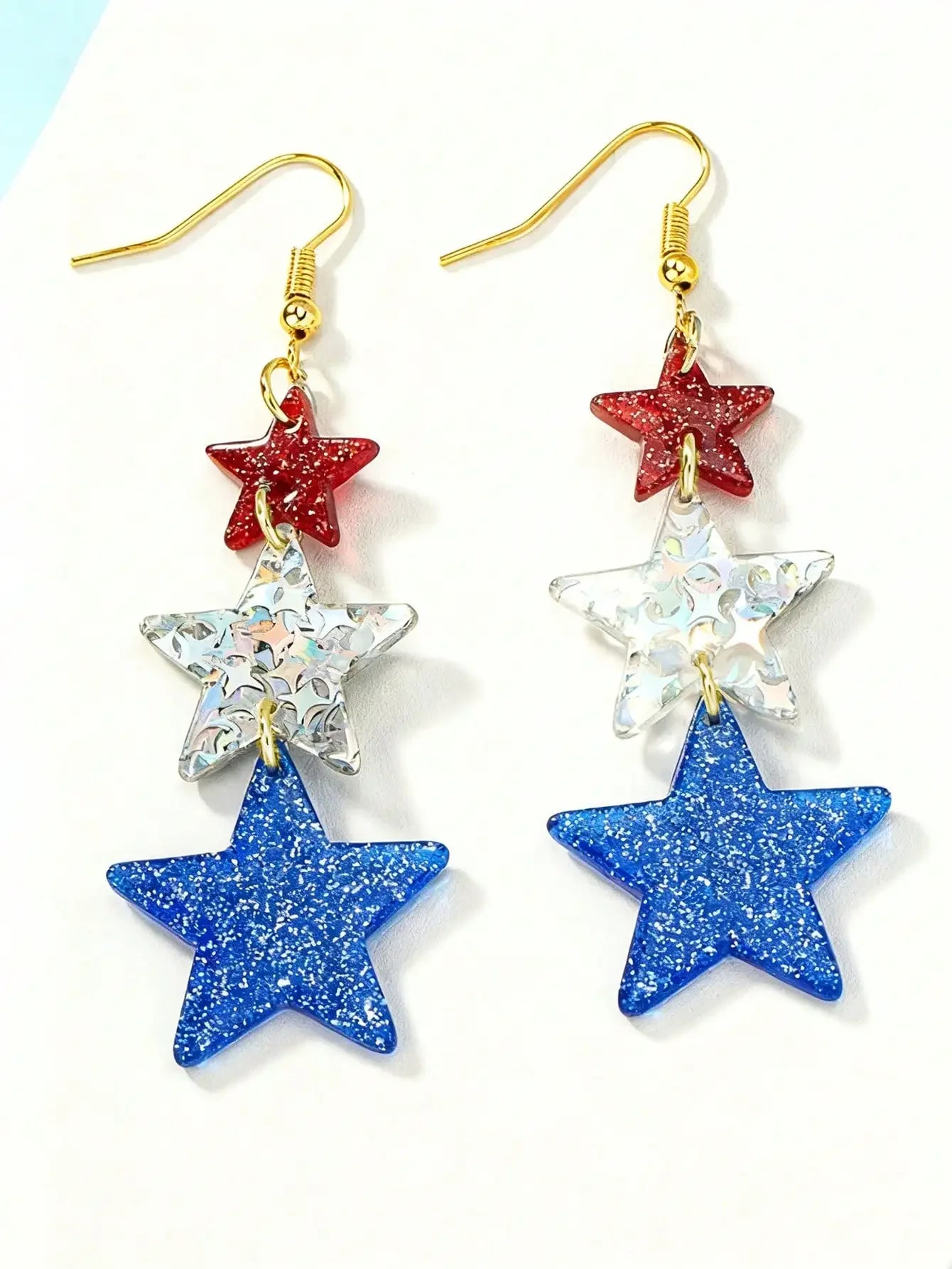 1 Pair Exaggerated 4th Of July Striped Acrylic Heart & Star USA Dangle Earrings, Small Stud Earrings