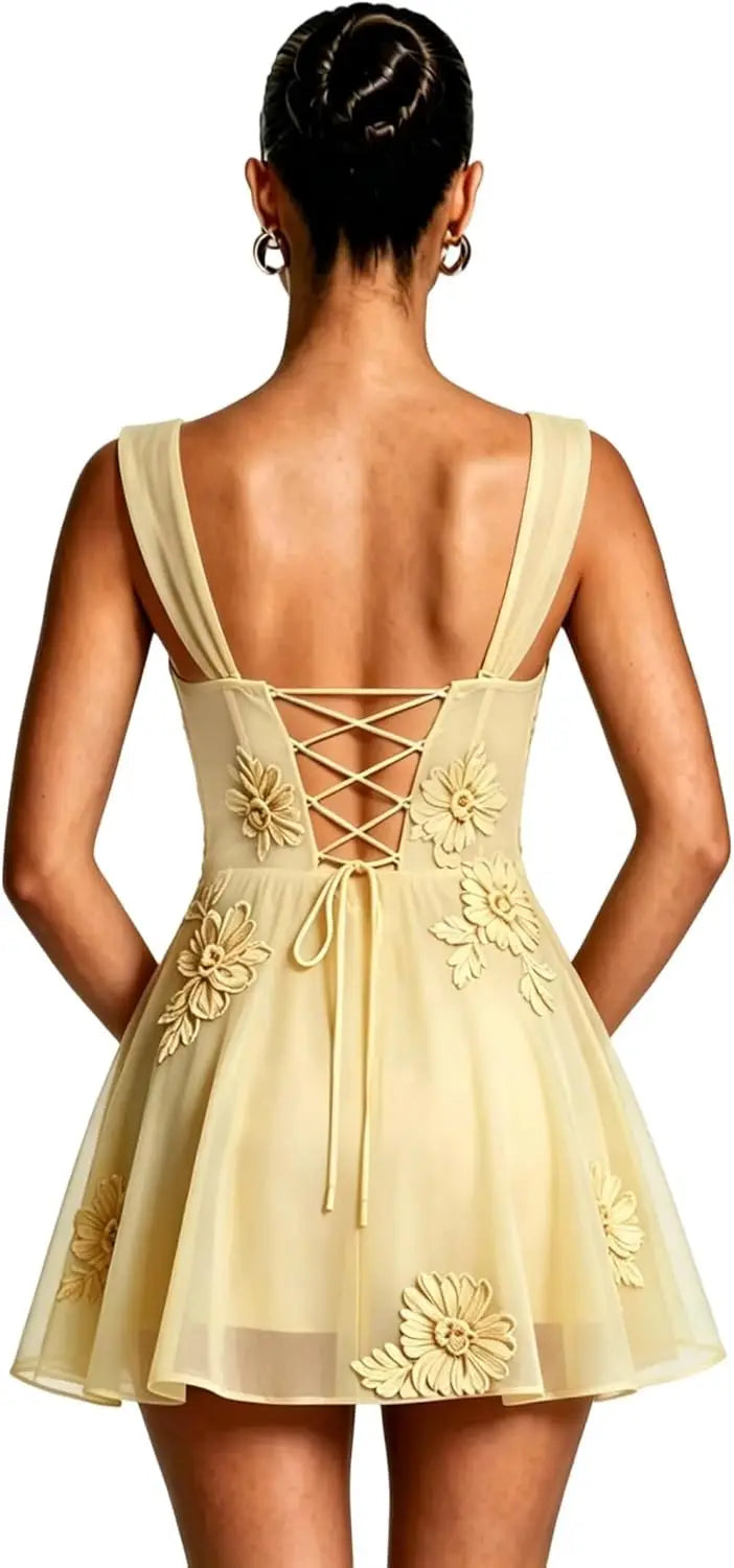 Square Neck Short Embroidery Lace A-Line Mini Floral Tulle Homecoming Dresses Formal Graduation Cocktail Gown Evening Gown