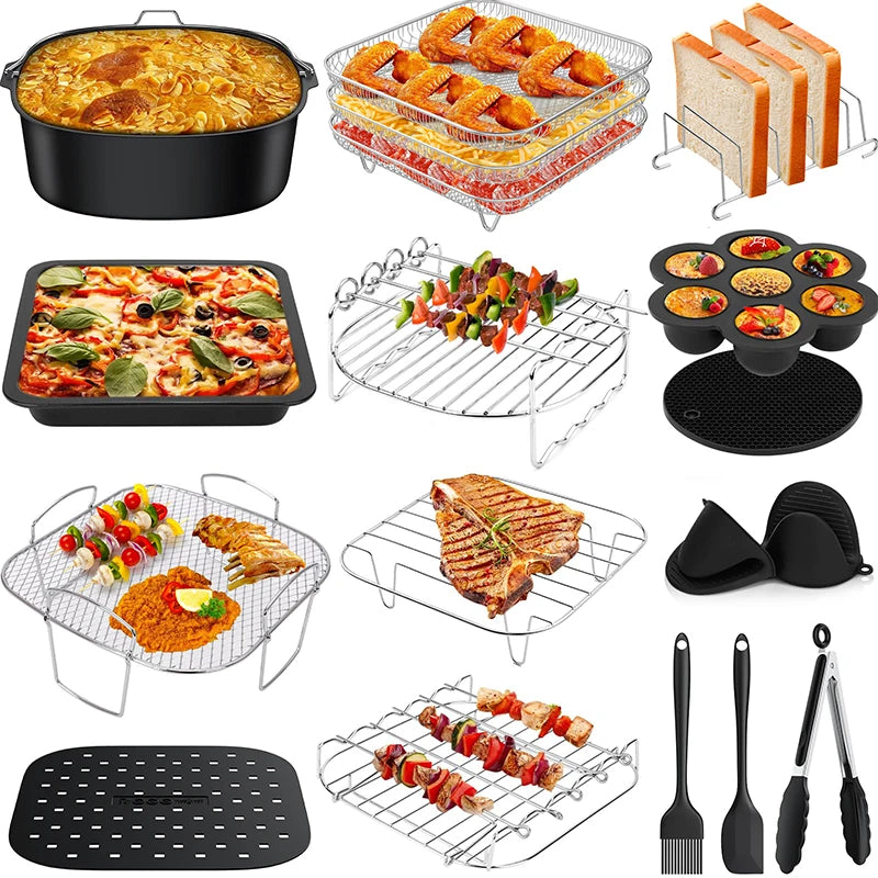 8 Inch Air Fryer Accessories Square Airfryer Grill Skewer Rack Holder Oven Cake Baking Pan For 5.5L COSORI Ninja Philips Basket