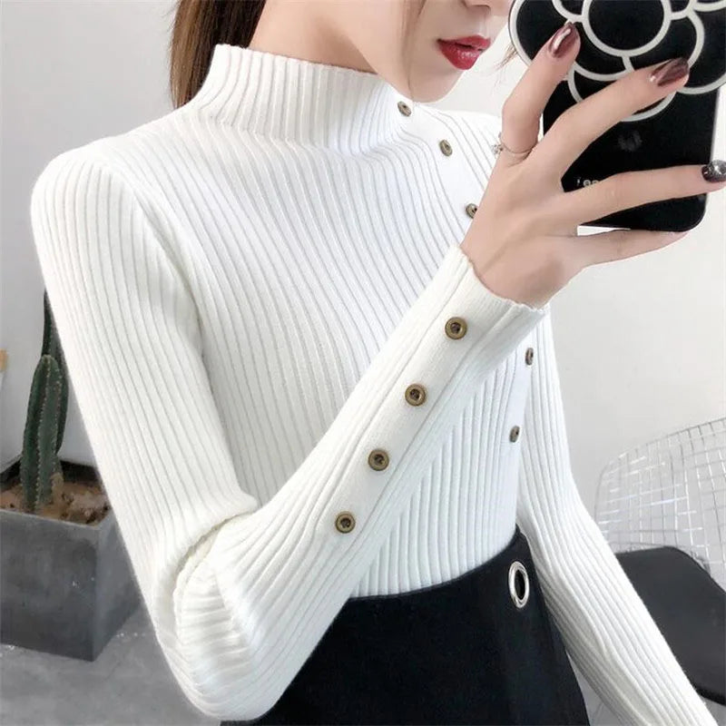 2026 Autumn Knitted Turtleneck Sweaters Women Solid Knitted Female Cotton Soft Elastic Color Slim Pullovers Button Full Sleeve