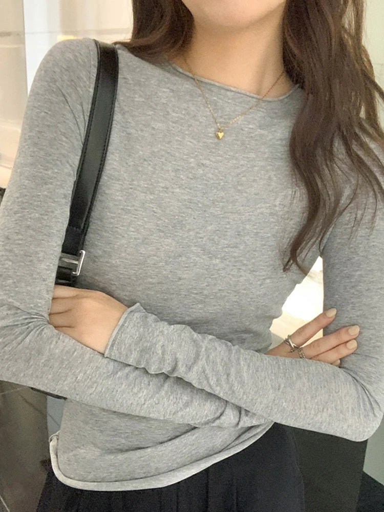 2026 Spring Autumn T shirt Women Tops Solid Slim Fit Long Sleeve O Neck Tshirts Female Casual Streetwear High Quality Base Tees