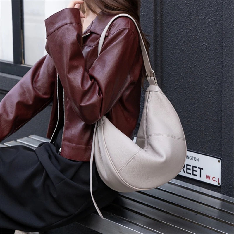 BURMINSA Slouchy Genuine Leather Hobo Bags For Women Luxury Cowhide Soft Crescent Shoulder Bag Crossbody Work Purses Handbags