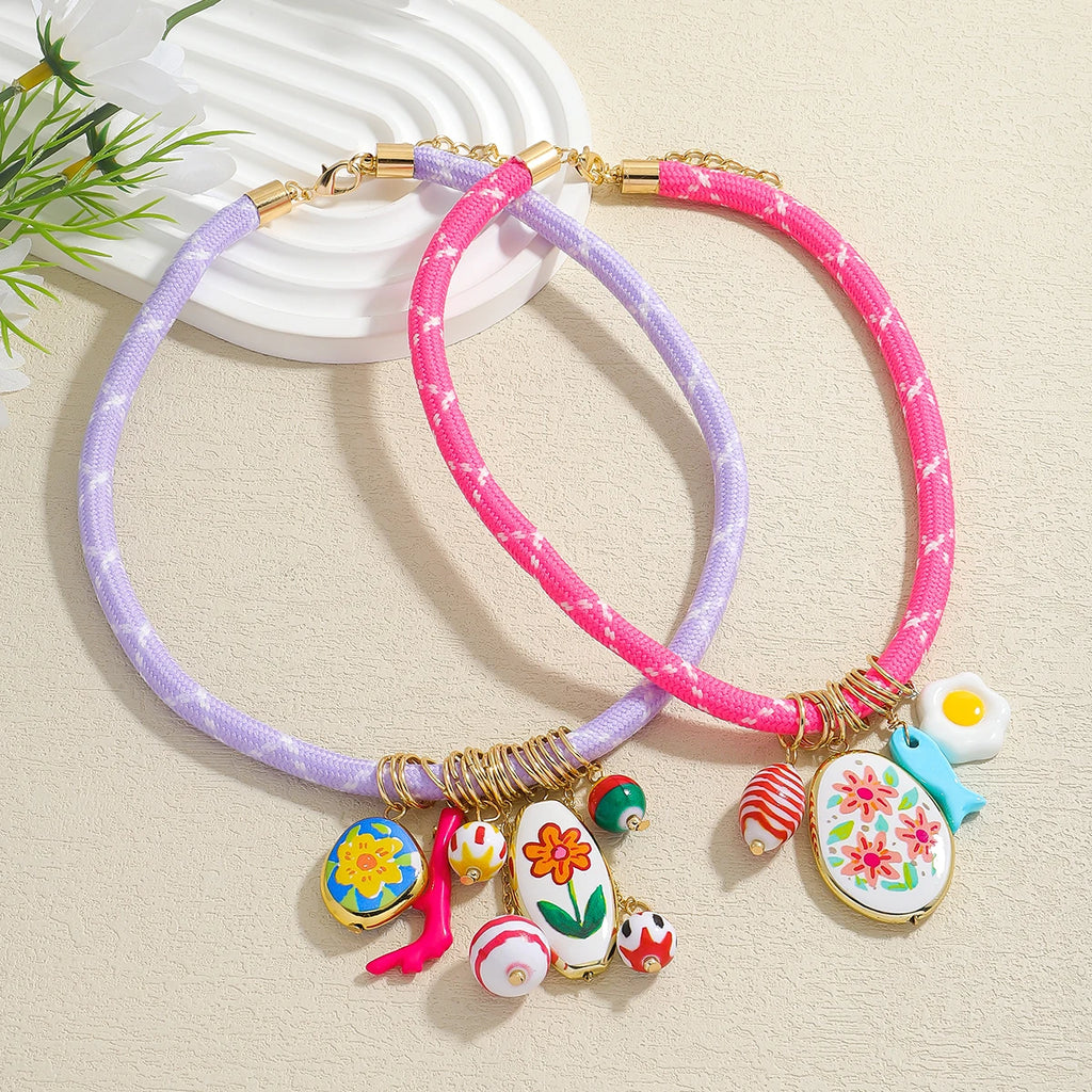 ZAA 2 Pack Of Cord Necklaces With Charms Candy Color Rope Chain Ceramics Flower Jewelry Cute And Fun Summer Holiday Wearing Gift
