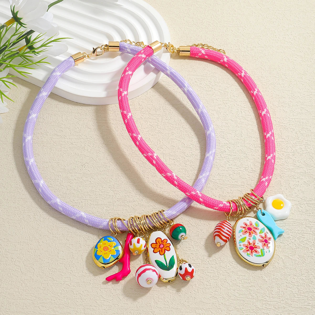 ZAA 2 Pack Of Cord Necklaces With Charms Candy Color Rope Chain Ceramics Flower Jewelry Cute And Fun Summer Holiday Wearing Gift