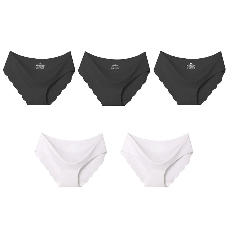 5PCS Women's Summer Ultra-Thin Ice Silk Underwear Seamless Comfort Large Size Briefs Solid Color Wave Underpants Female Lingere