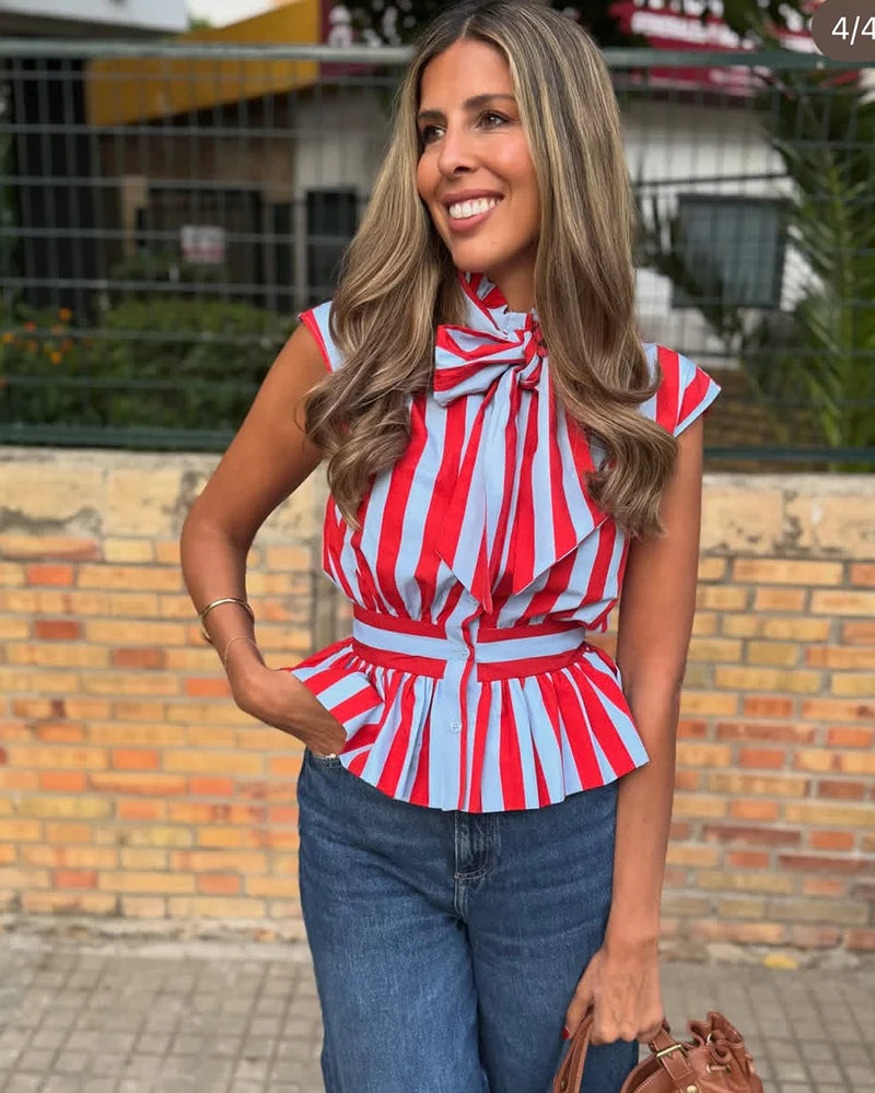 Women's Shirt 2026 New Spring Summer Bowknot Sleeveless Striped Shirt for Women Casual Chic Personality Female Shirt