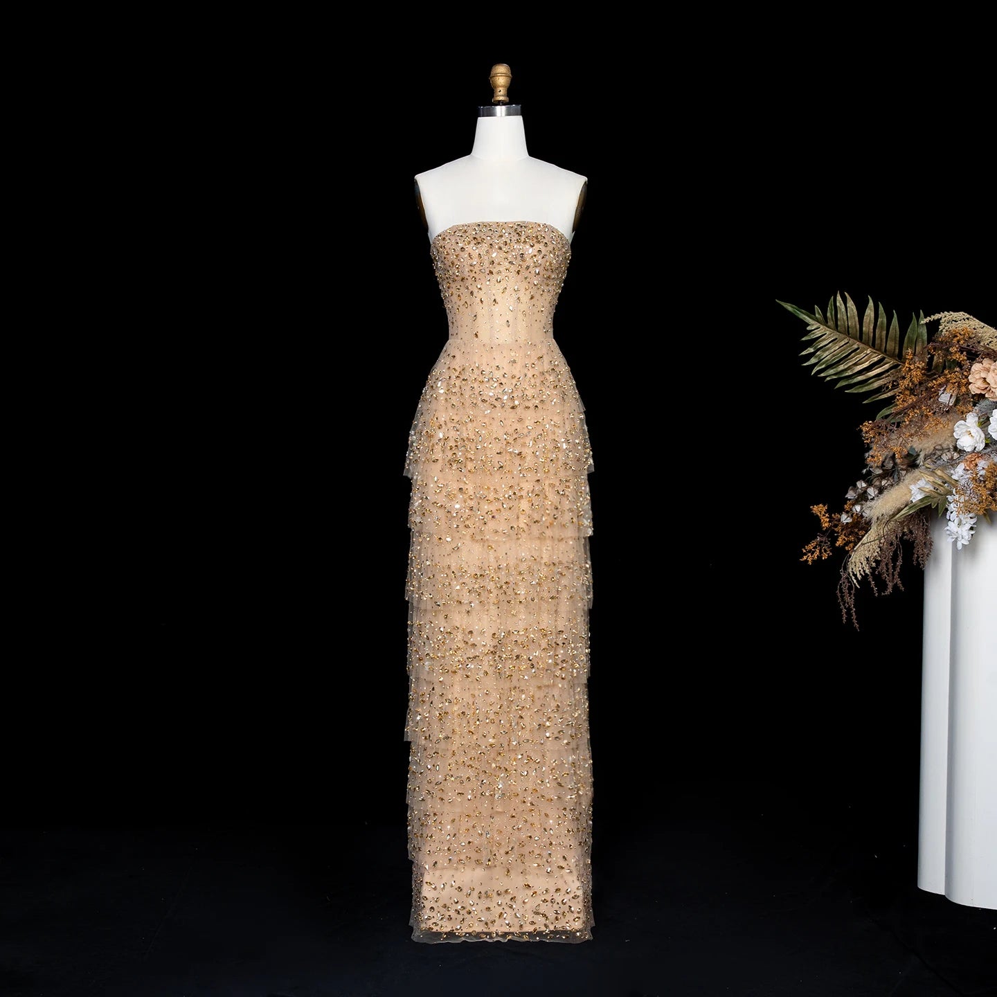 Sharon Said High Quality Champagne Evening Dress Full Crystal Tiered Beaded Women's Formal Occasion Party Gowns SS720 Customized
