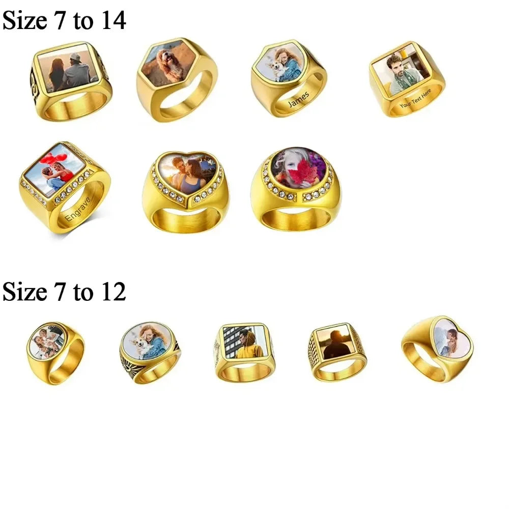 U7 Custom Photo Rings for Men Woman 316L Stainless Steel Logo Symbol Image Family Photo Square Round Heart Personalized Jewelry
