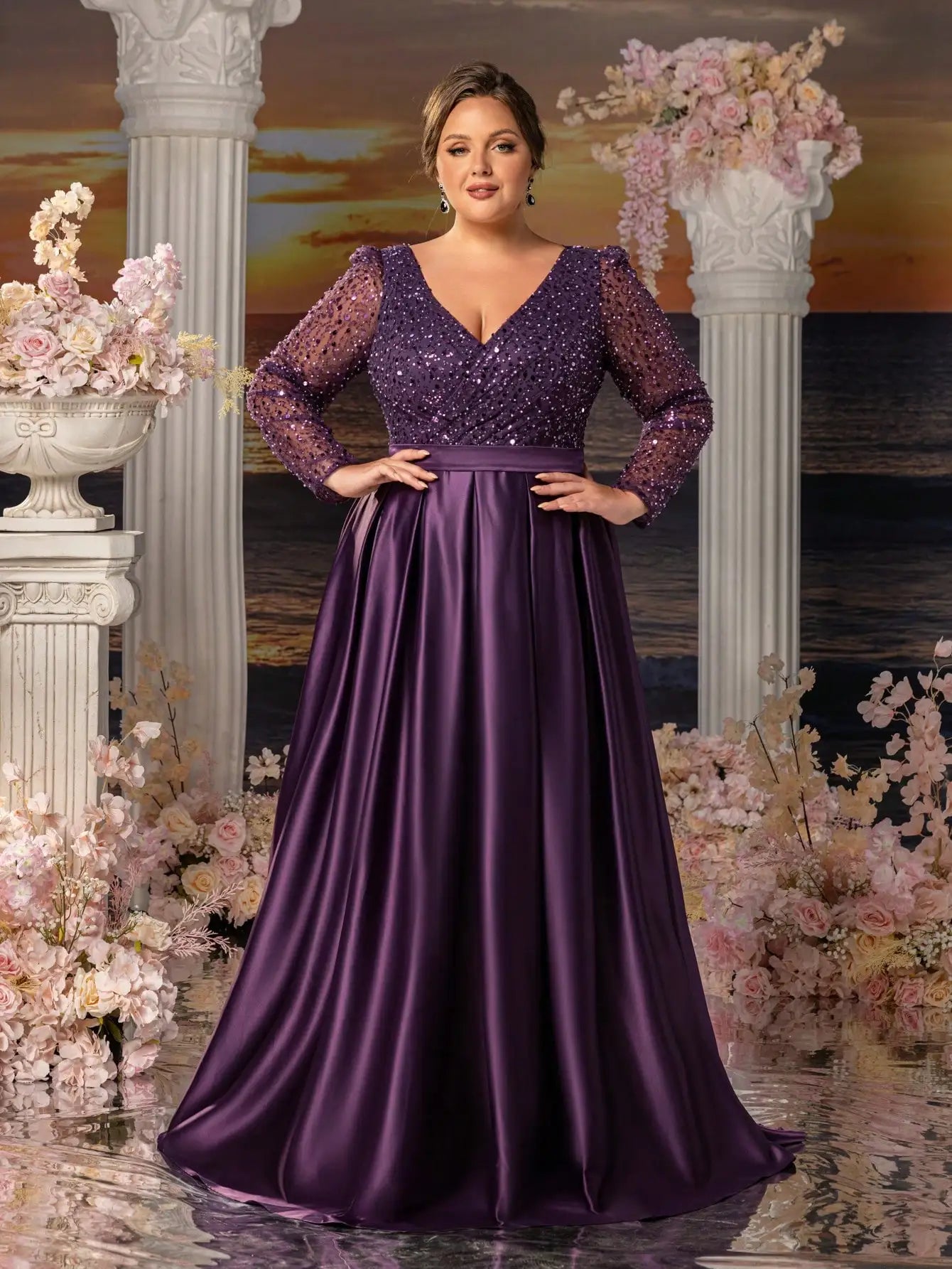 Plus-size sequined satin mother's evening dresses with overlapping neckline, elegant and formal long dress, 2026.
