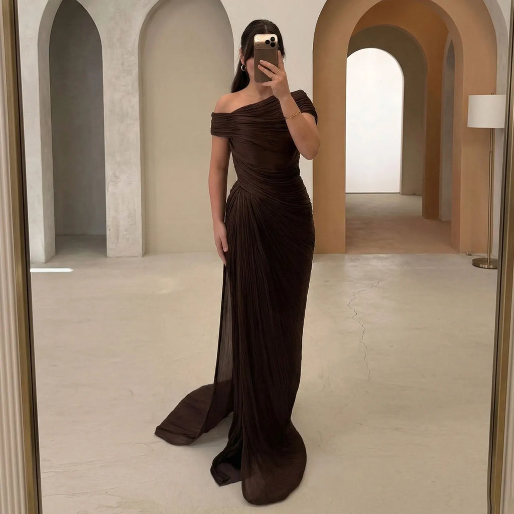 Sharon Said Dubai Brown Off Shoulder Long Evening Dresses Ruched Chiffon Mermaid Women's Formal Party Gowns SF364 Customized 99