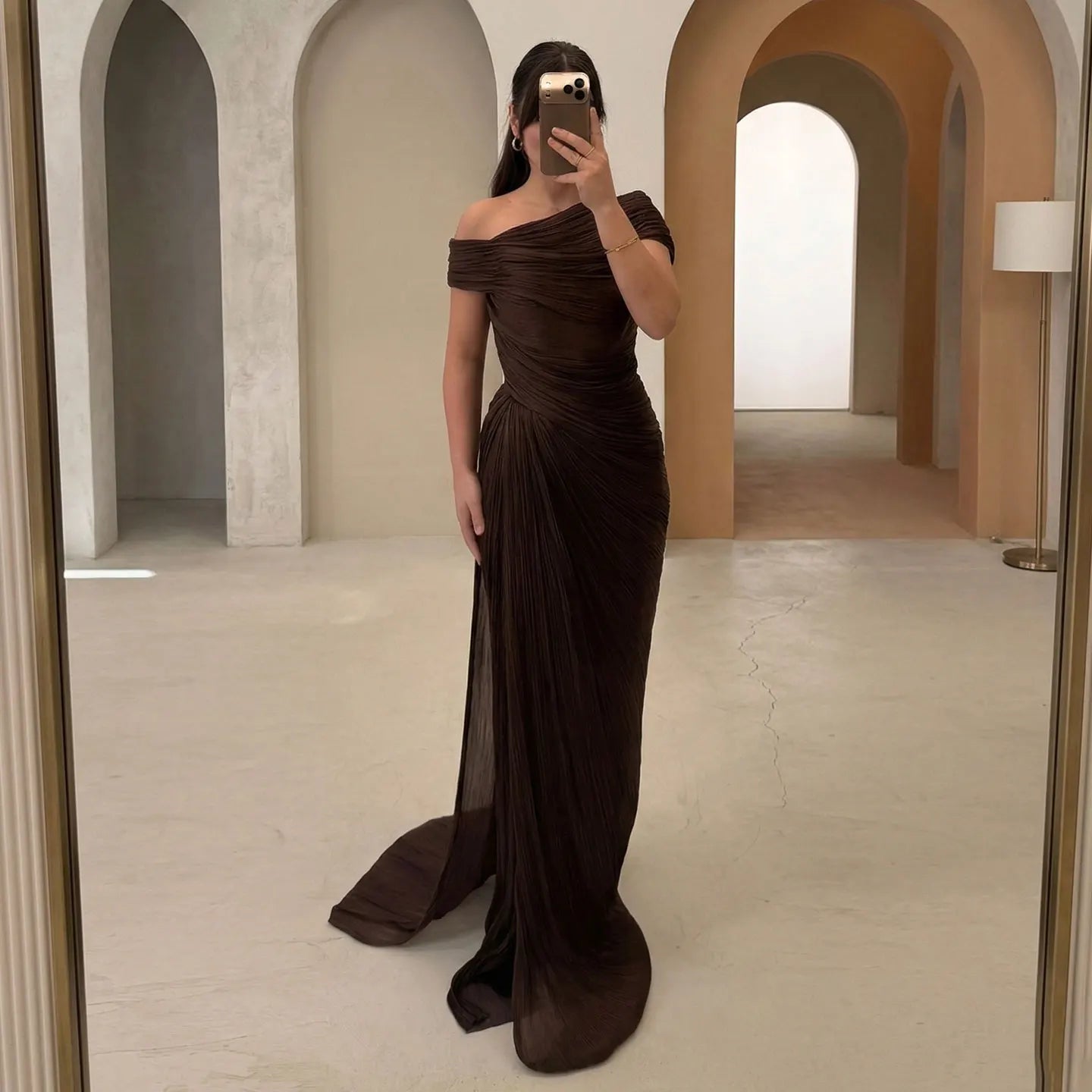 Sharon Said Dubai Brown Off Shoulder Long Evening Dresses Ruched Chiffon Mermaid Women's Formal Party Gowns SF364 Customized 99