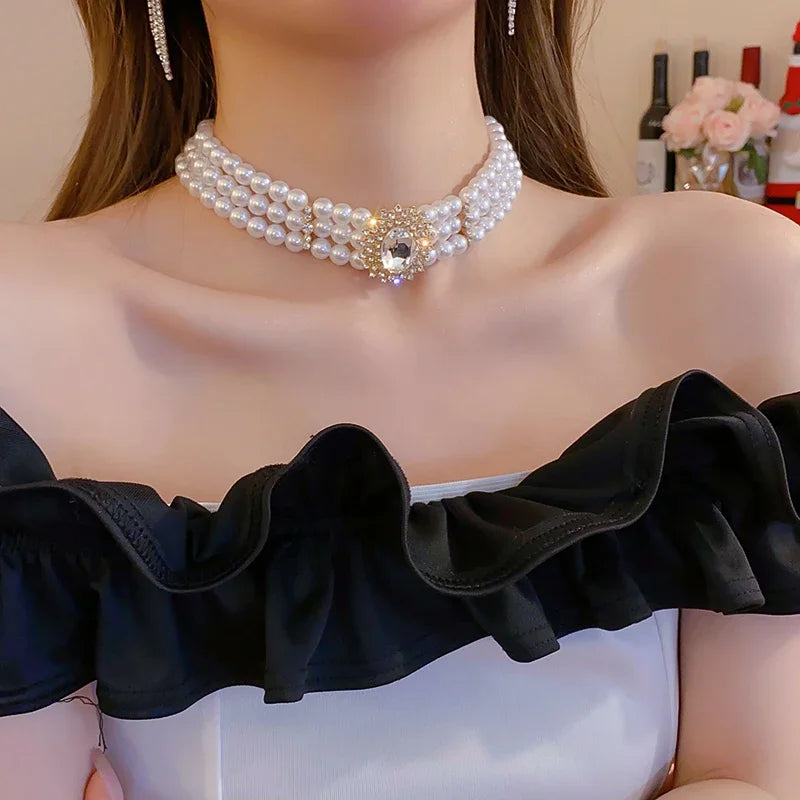 Crystal Rhinestone Oval Multi Layered Beaded Pearl Chokers Necklaces for Women Charms Temperament Elegant Necklace Noble Jewelry