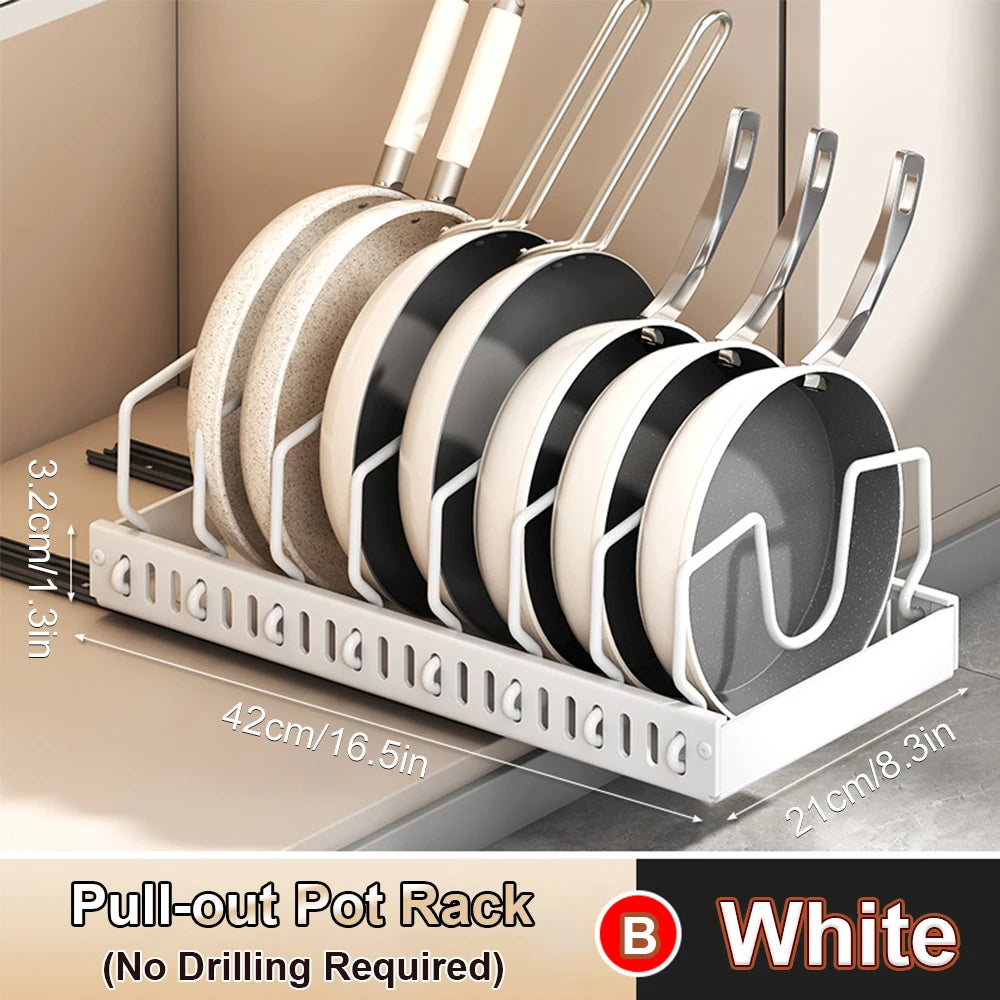 Under Cabinet Sliding Pots and Pans Organizer - Pull Out Kitchen Storage Tray with 8 Adjustable Dividers for Lids and Cookware