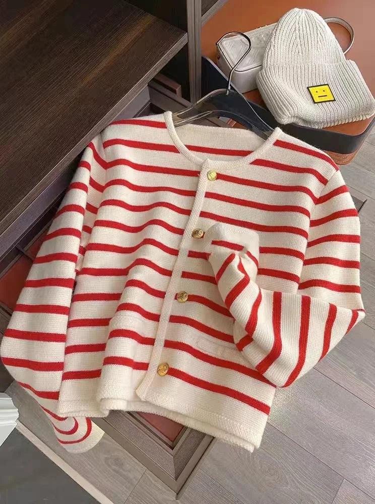 AOSSVIAO New 2026 Women Spring Autumn Sweaters O-neck Stripe Knitted Cardigan Fashion Long Sleeve Casual Short Tops Korean Style