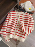AOSSVIAO New 2026 Women Spring Autumn Sweaters O-neck Stripe Knitted Cardigan Fashion Long Sleeve Casual Short Tops Korean Style