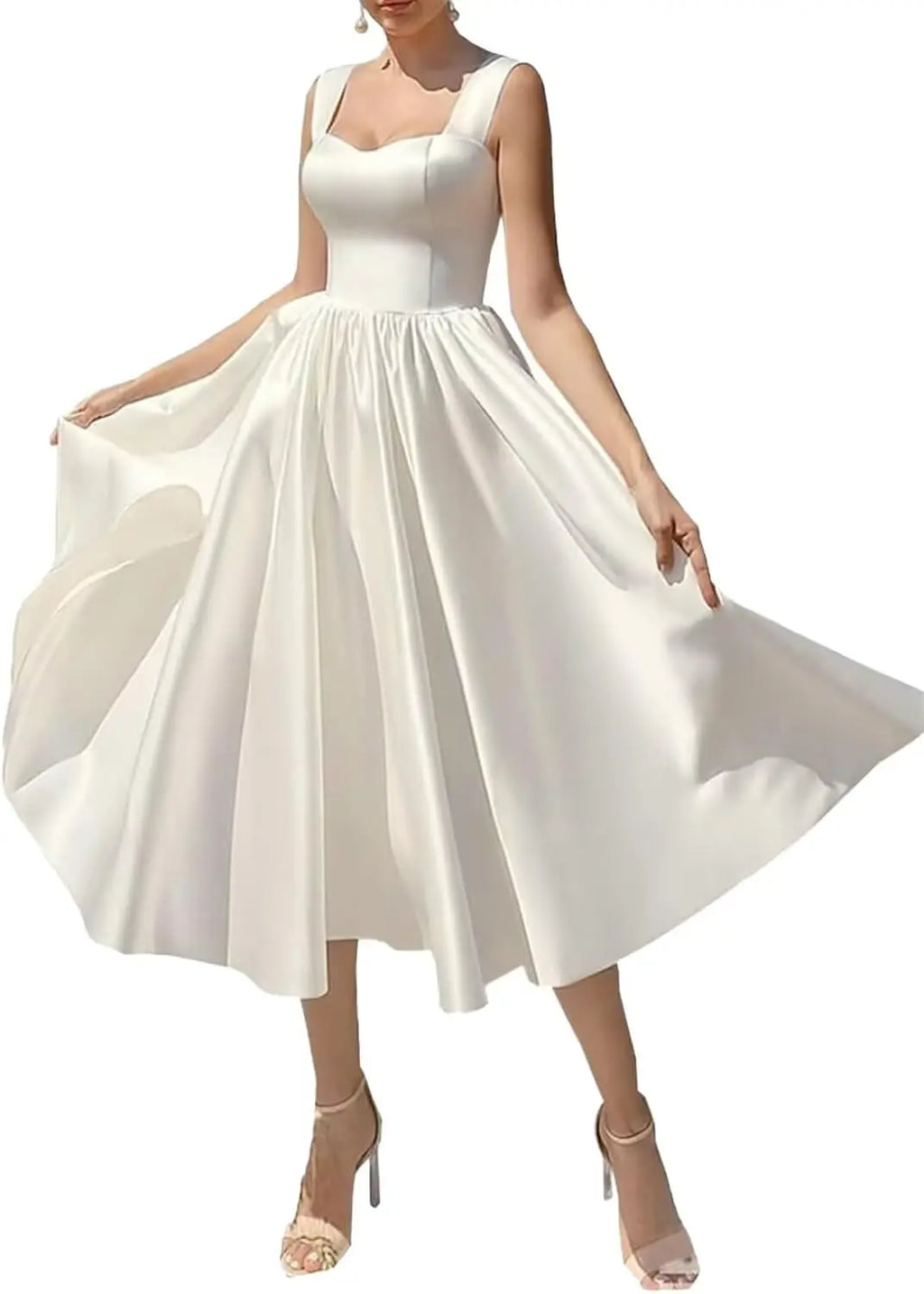 Womens Satin Tea Length Wedding Dresses for Bride Square Collar Midi A Line Formal Bridal Party Dress Simple Wedding Dress