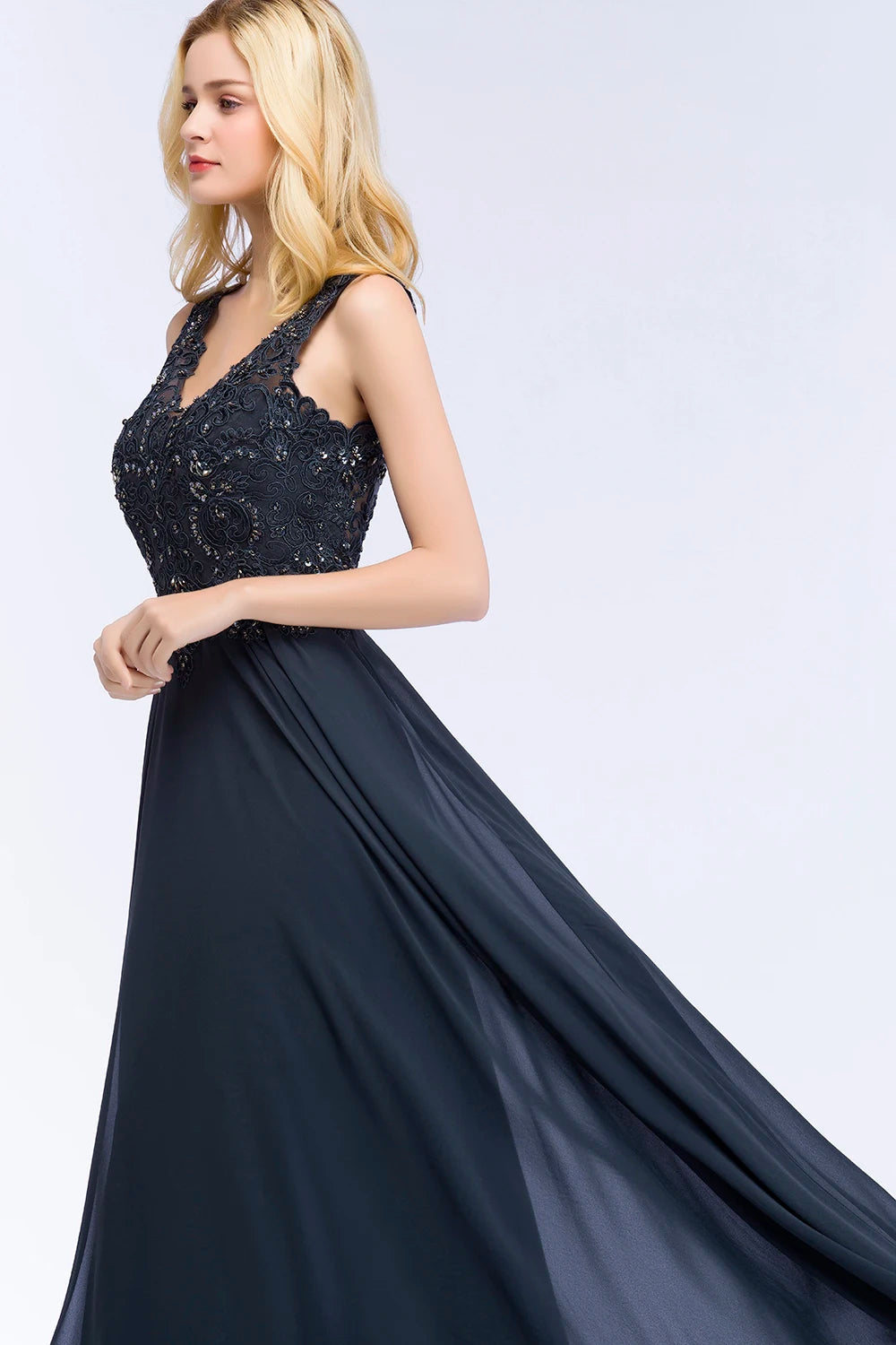 Evening Dresses Elegant Navy Blue Chiffon V Neck Lace Beaded Crystal Sleeveless Formal Party Prom Gowns Vestido De Fiesta Bride