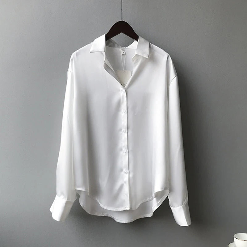 2026 Elegant Satin Loose Women Shirt Spring Turn-down Collar Ladies Blouse Autumn Vintage Casual Button Silk Tops