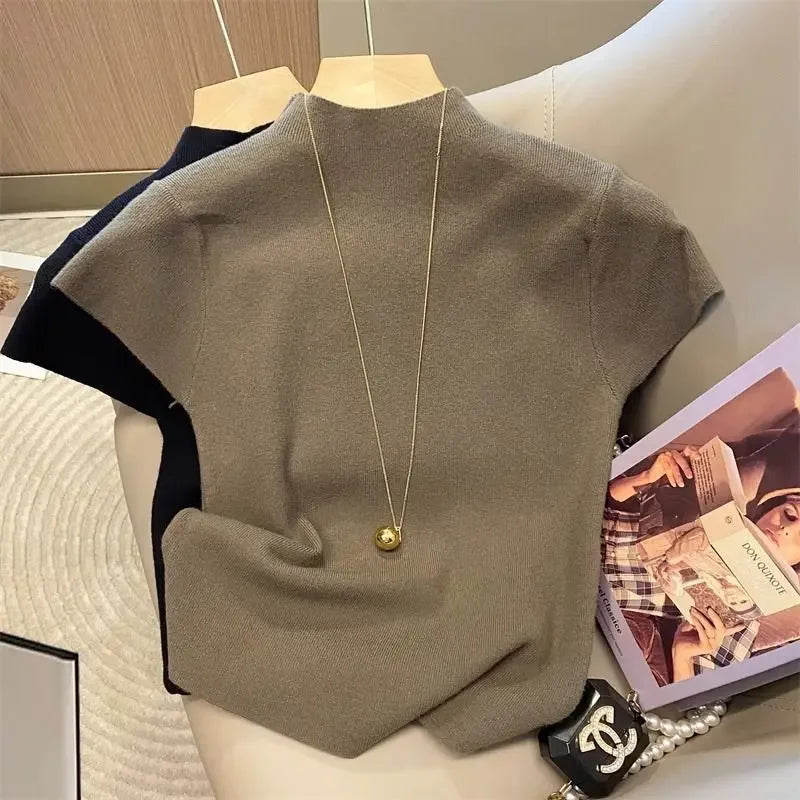 Basic Turtleneck Solid Thin Summer 2026 Pullover Women Female Knitted Sweater Slim Short Sleeve Bodycon Sweater