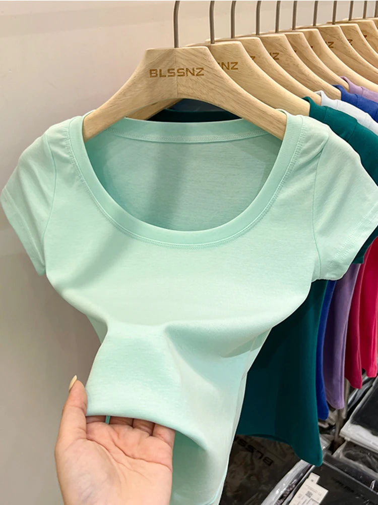 2026 Sexy Square Collar Slim T Shirt Women Cotton Elastic Basic Solid Female Casual Tops Short Sleeve Thin T-shirts See Through