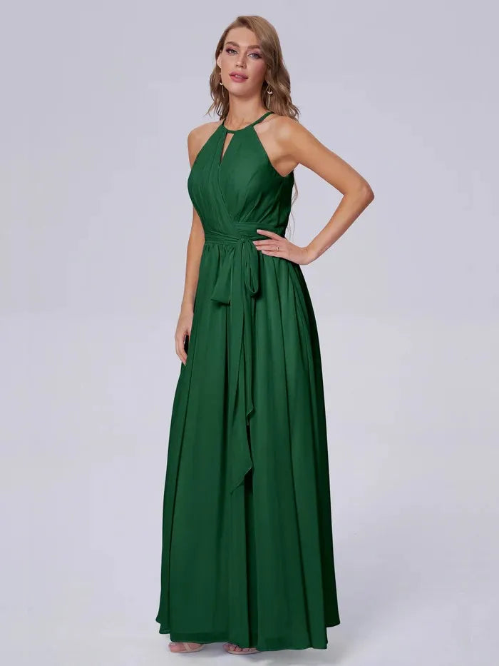 BABYONLINE Simple Boho Evening Dress Halter Neckline Key-Hole Top Long Maxi A-line Chiffon Skirt Formal Party Women Clothes