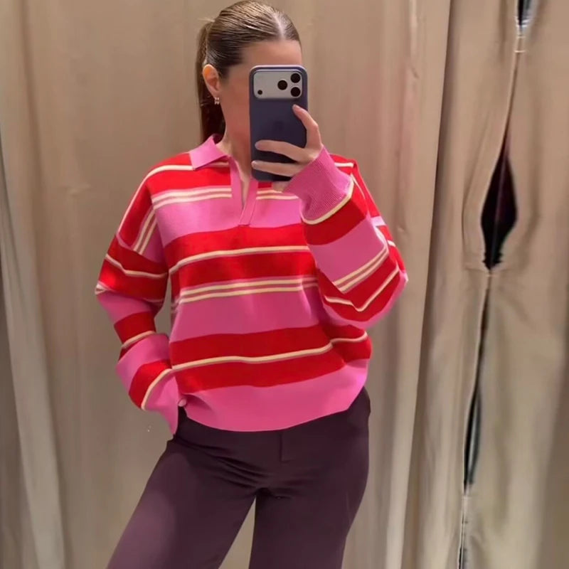 Women's 2026 New Knitted Striped Sweater Polo neck Pullover Spring Fashion Loose Elegant Warm Young Women Sweater Street Blouses