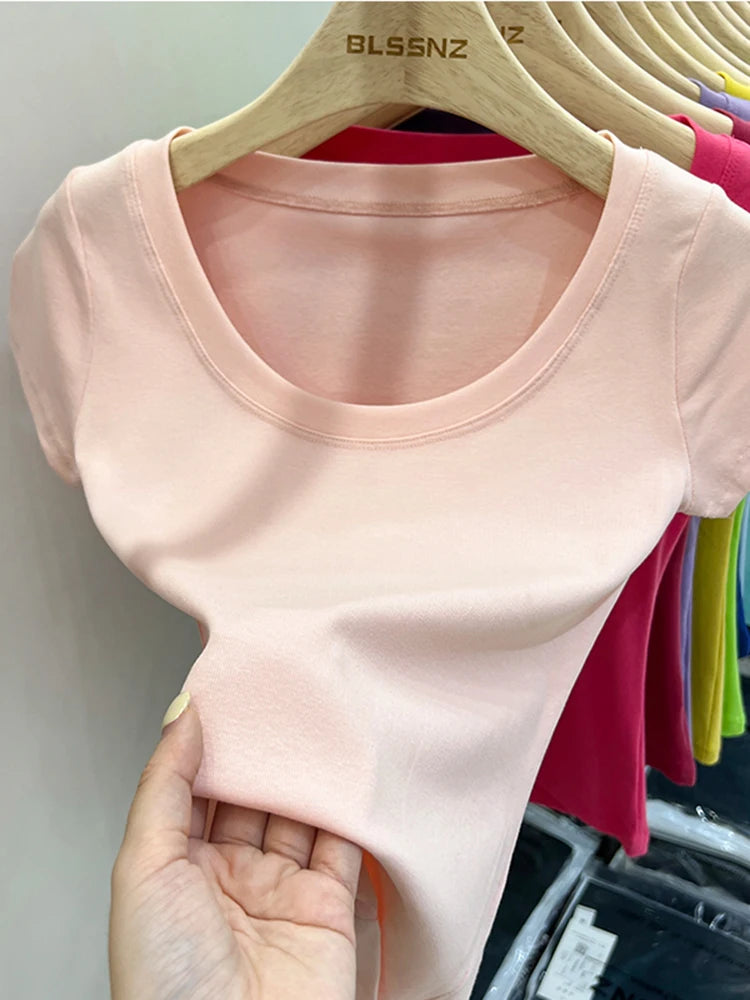 2026 Sexy Square Collar Slim T Shirt Women Cotton Elastic Basic Solid Female Casual Tops Short Sleeve Thin T-shirts See Through