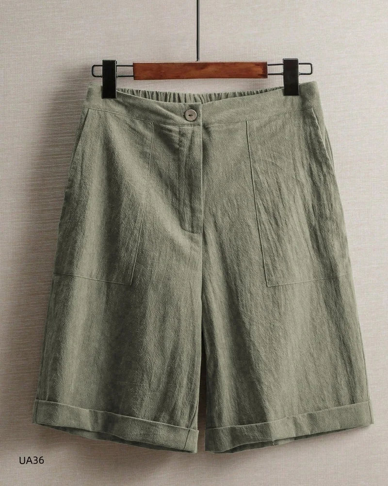 2026 summer new cotton and linen five-piece pants women's high-waisted elastic waist button shorts loose casual shorts