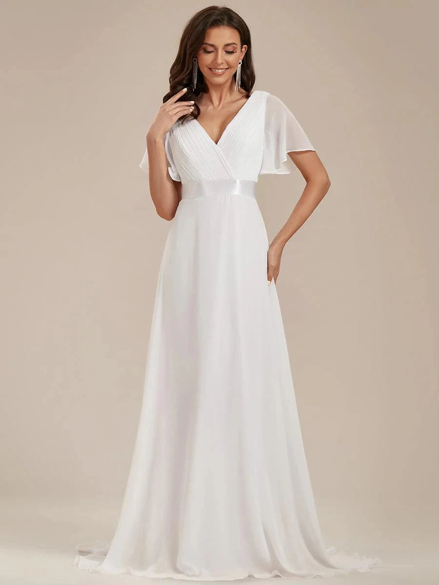 Women Simple Evening Dress Tulle Ruffles Short Sleeve V-Neck Backless Empire Sashes Prom Dress A-Line Maxi Wedding Bridal Gowns