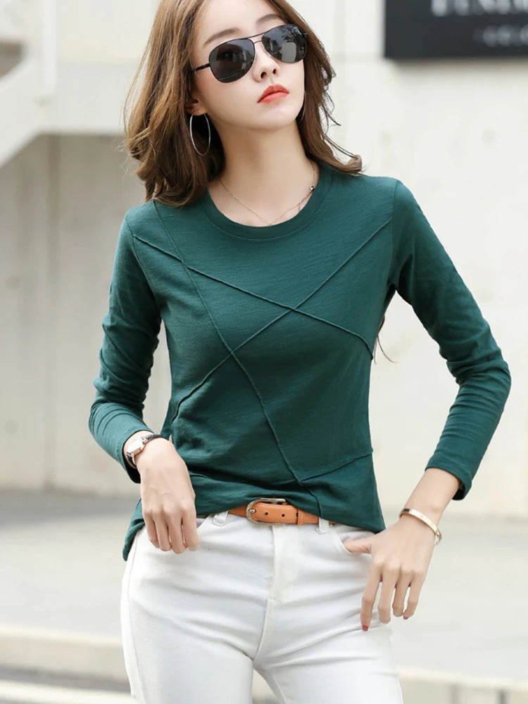2026 Spring Long Sleeve Women O-Neck Bamboo Cotton T-Shirt Elegant Loose Ribbed Fashion Tee Shirt Ladies Simple Tops