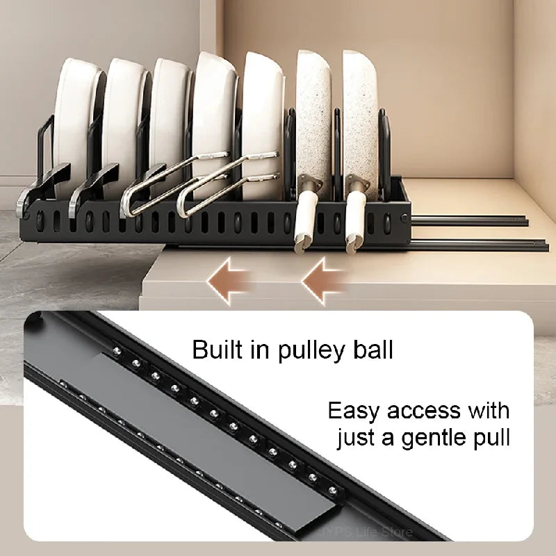 Under Cabinet Sliding Pots and Pans Organizer - Pull Out Kitchen Storage Tray with 8 Adjustable Dividers for Lids and Cookware