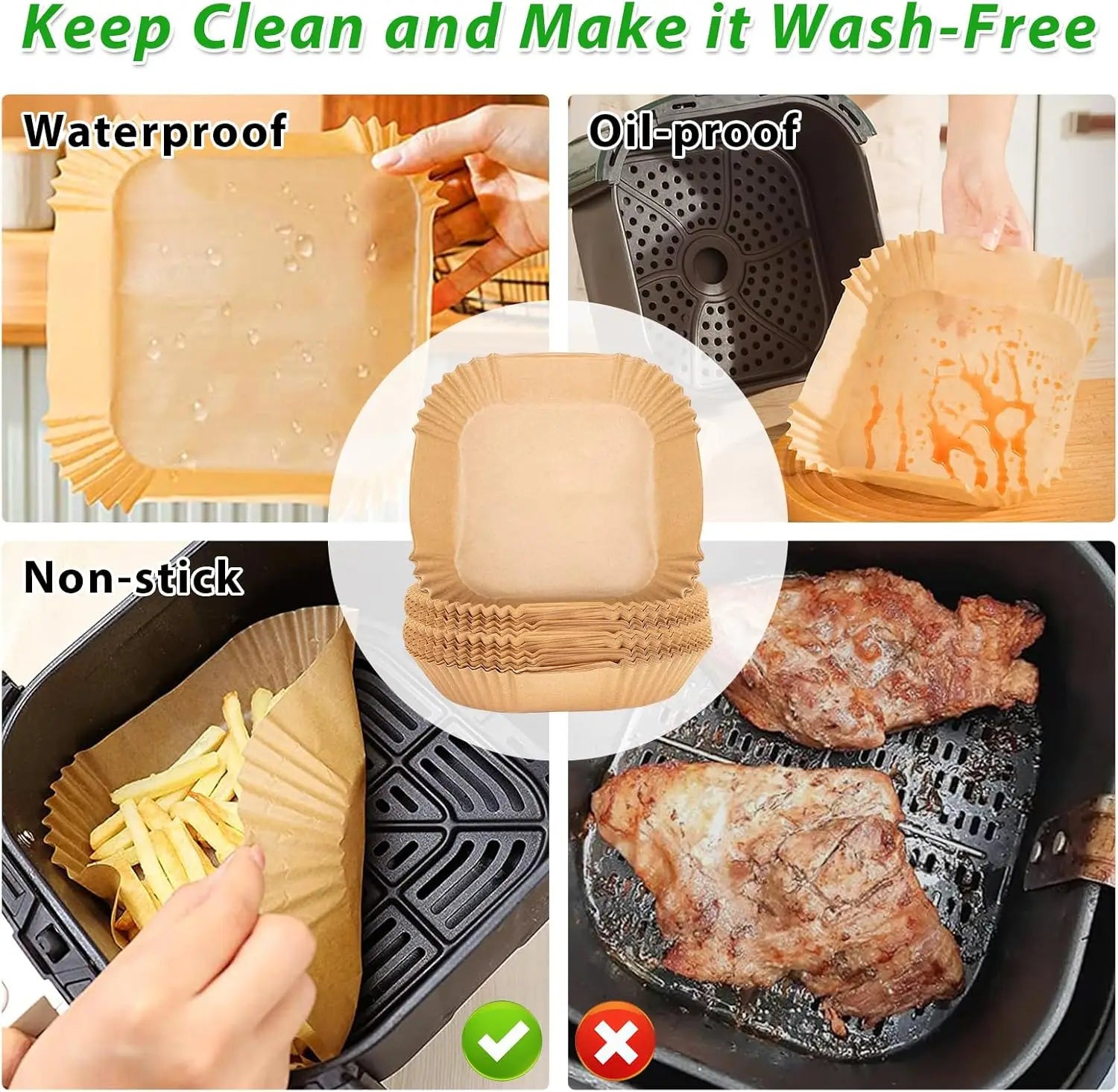 Air Fryer Paper Liners 23-27cm Square Air Fryer Sheets for 7 to 12 Liters Air Fryers, Compatible with COSORI/Ninja