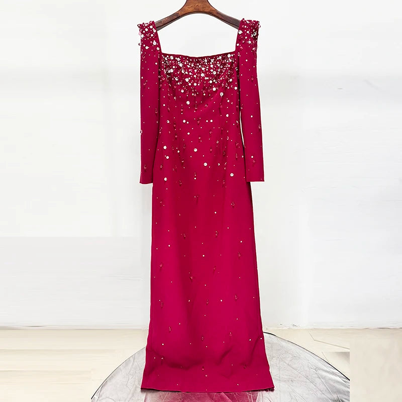 HIGH QUALITY Newest Fashion 2026 Designer Vestido Women's Square Collar Beading Diamonds Long Sleeve Maxi Dress