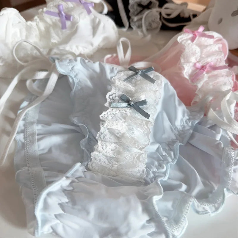 Double Bow Lace Ruffle Cute Underpants For Women Low Waist Lace Up Ice Silk Breathable Panties Lolita Soft Thin Seamless Briefs