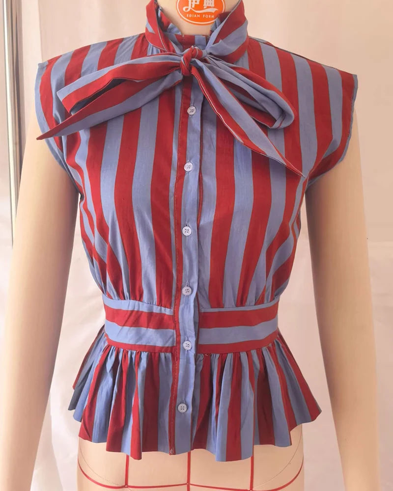 Women's Shirt 2026 New Spring Summer Bowknot Sleeveless Striped Shirt for Women Casual Chic Personality Female Shirt