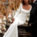 Customized Simple Sexy Mermaid White Wedding Dress Satin Backless Zipper Pleat Long Sleeve Bridal Gown Square Collar Court Train