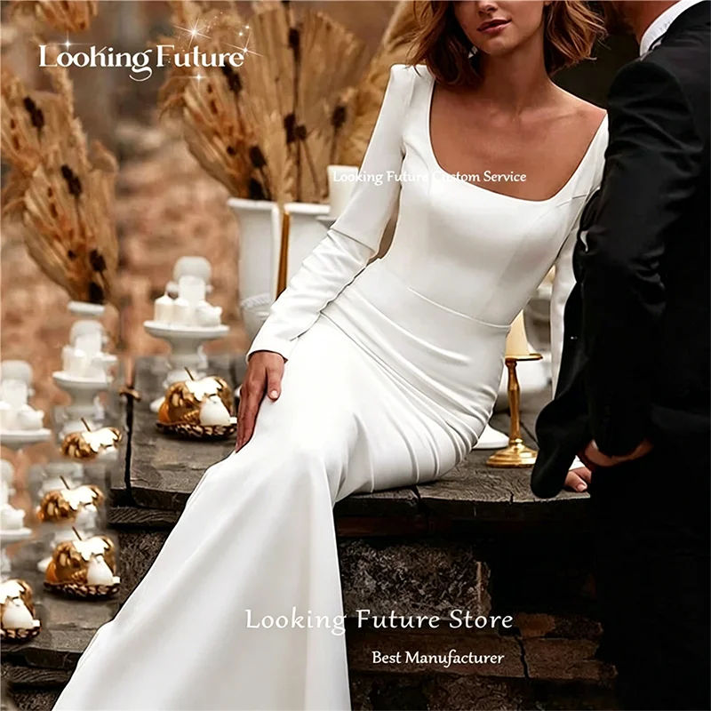 Customized Simple Sexy Mermaid White Wedding Dress Satin Backless Zipper Pleat Long Sleeve Bridal Gown Square Collar Court Train